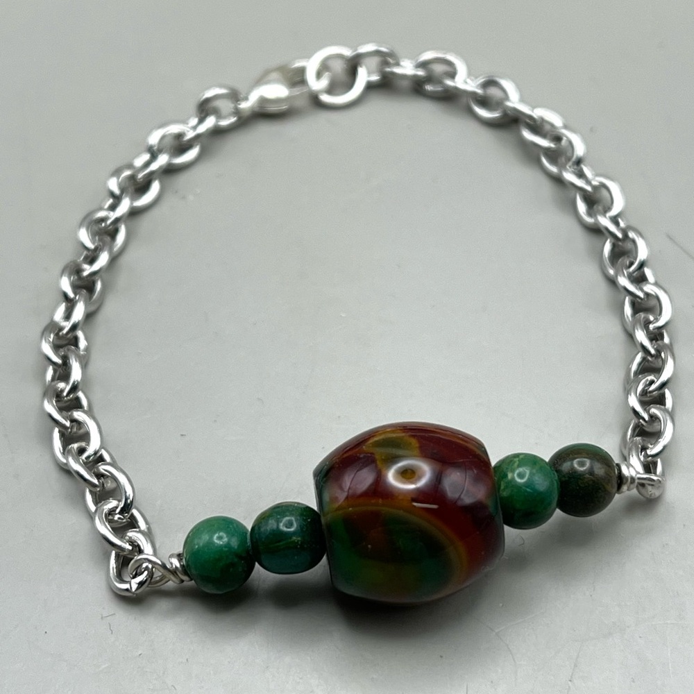 Elegant Silver Green Jade and Rust Marbled Beaded Bracelet -Unique Artisan Gift - Picture 3 of 5